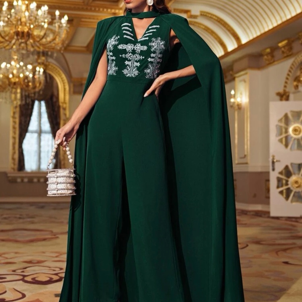 Brand New SHEIN x Dr. Khouloud Keyhole Neck Embroidered Cape Jumpsuit Dark Green